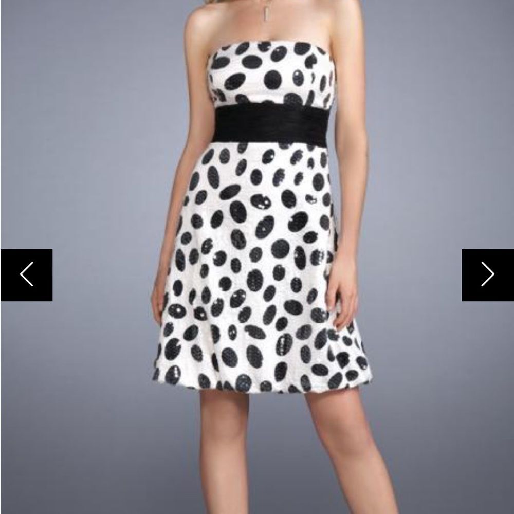 La Femme sequined, printed cocktail dress w/ black waistband + strapless bodice